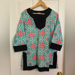 Simply Southern Cotton Teal Pink Blue Swirl Notch Neck Tunic‎ Top Size Large